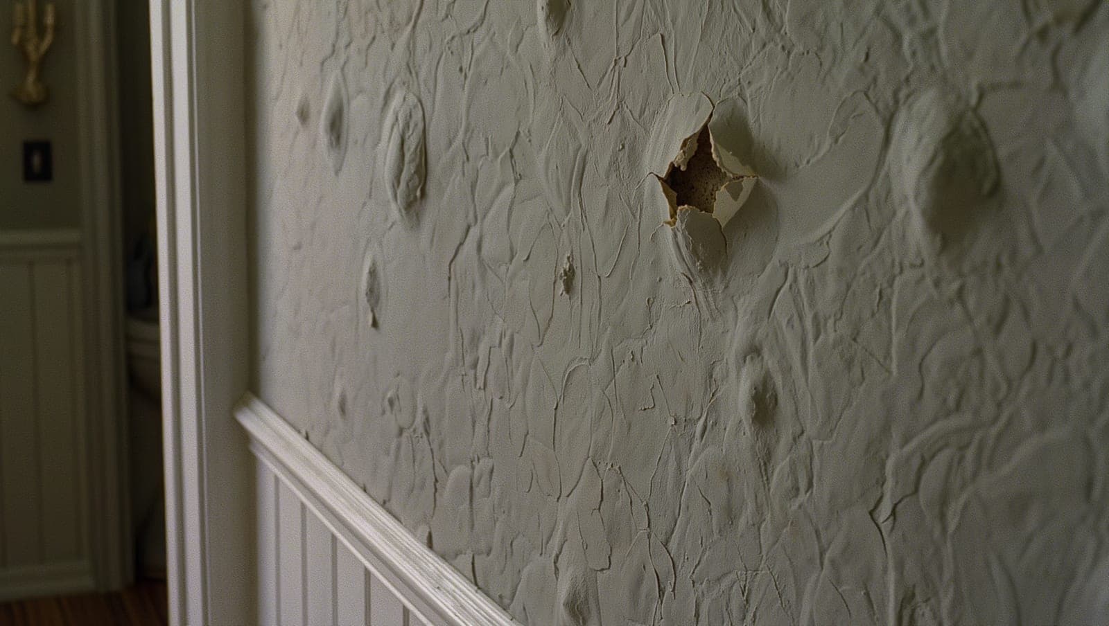 Bubbled and lifting drywall paper on a painted wall