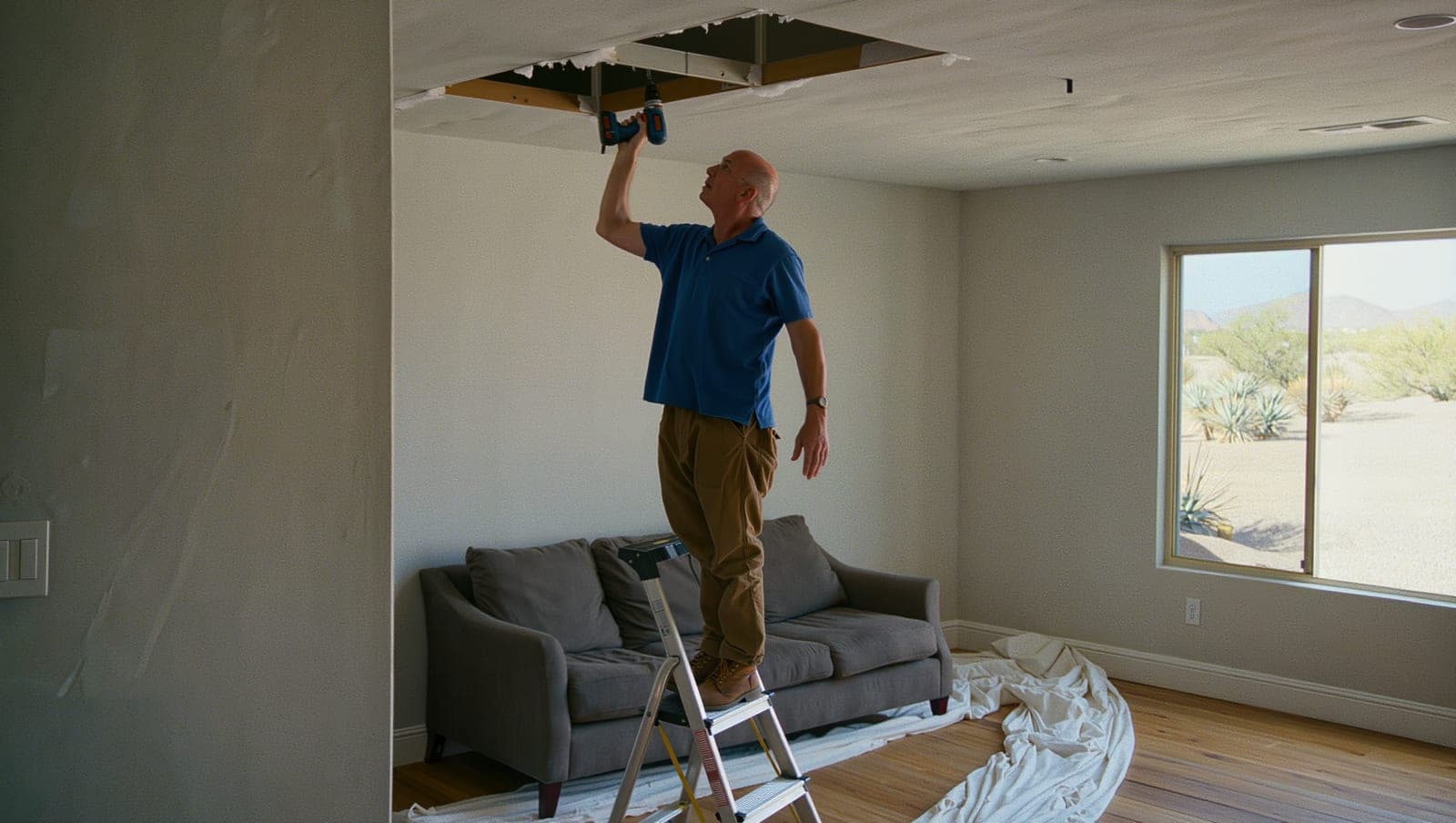 Handyman on a ladder repairing ceiling drywall