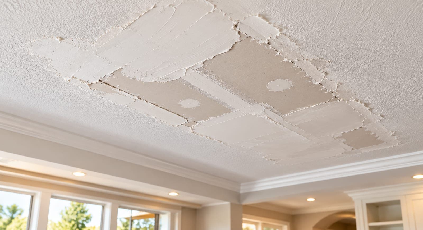 Ceiling drywall patch taped and mudded before texture