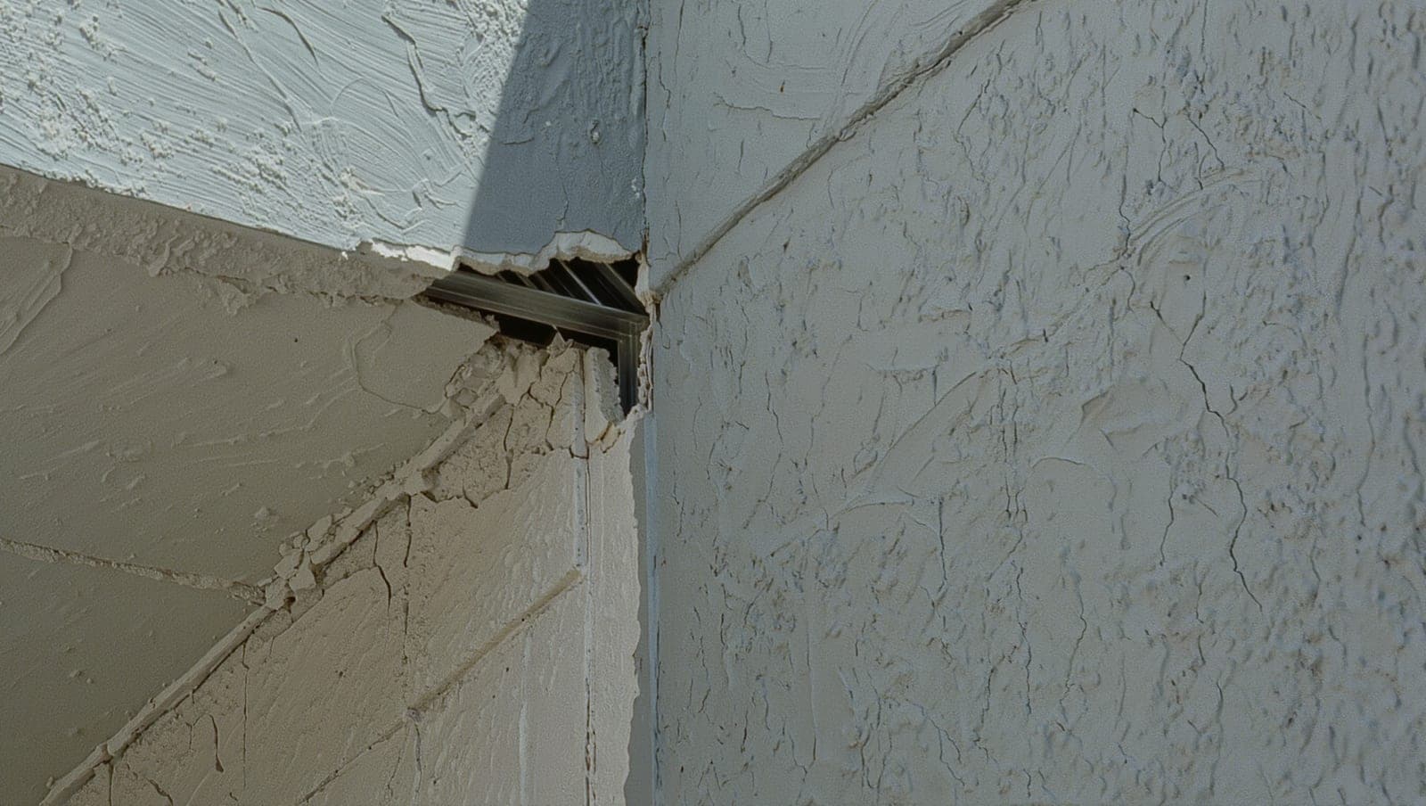 Dented metal corner bead exposed on an outside wall corner