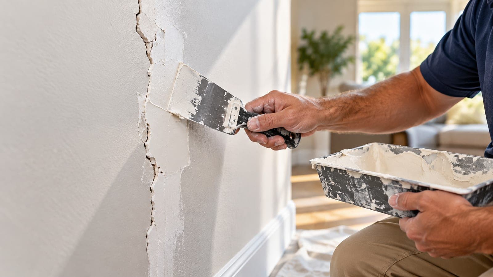 Vertical drywall crack being filled with joint compound