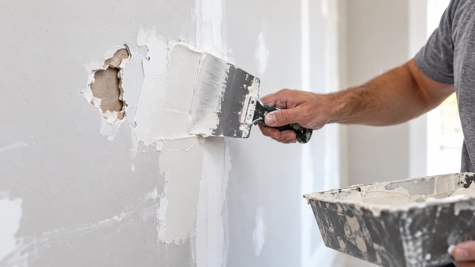 Taping knife smoothing joint compound over a drywall hole repair