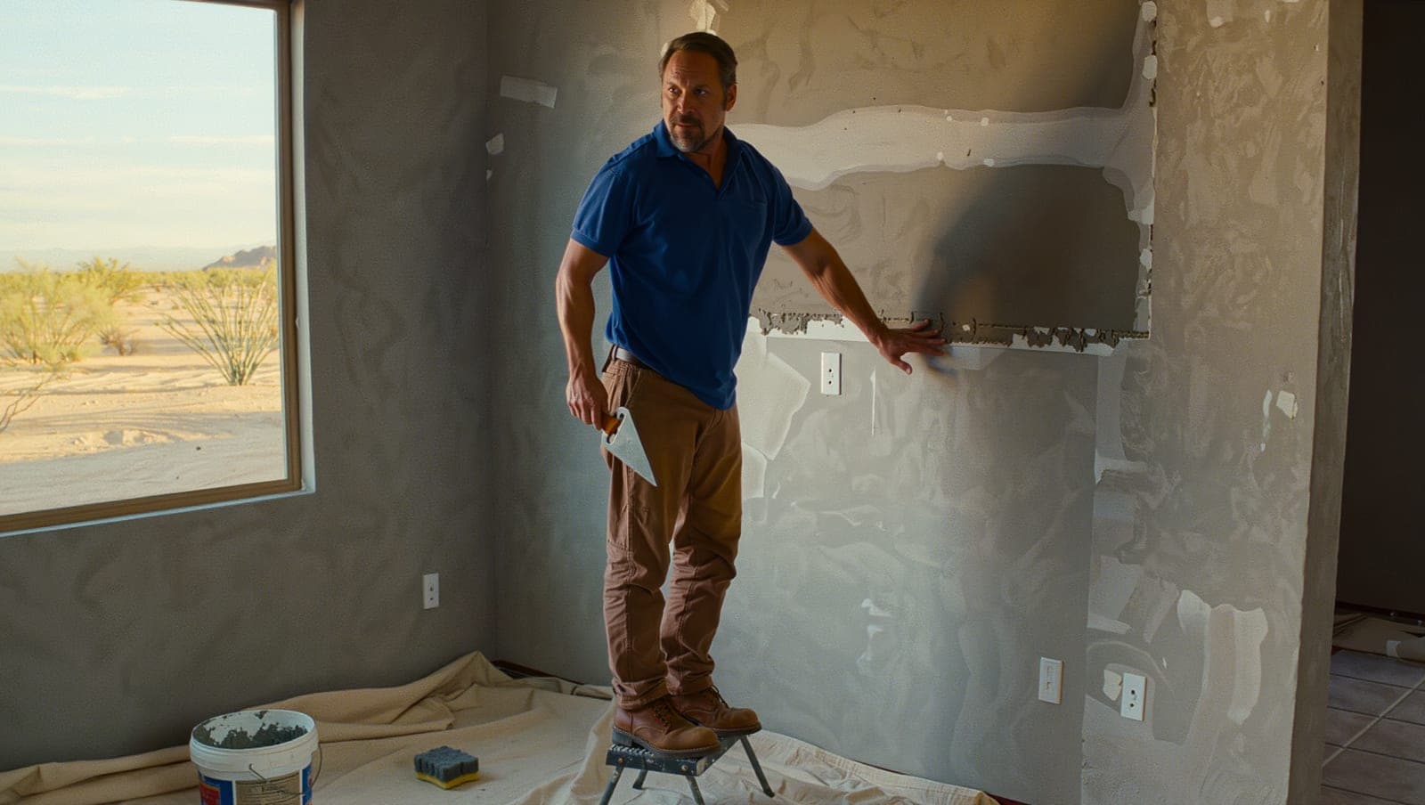 Handyman finishing a drywall repair in a Phoenix home
