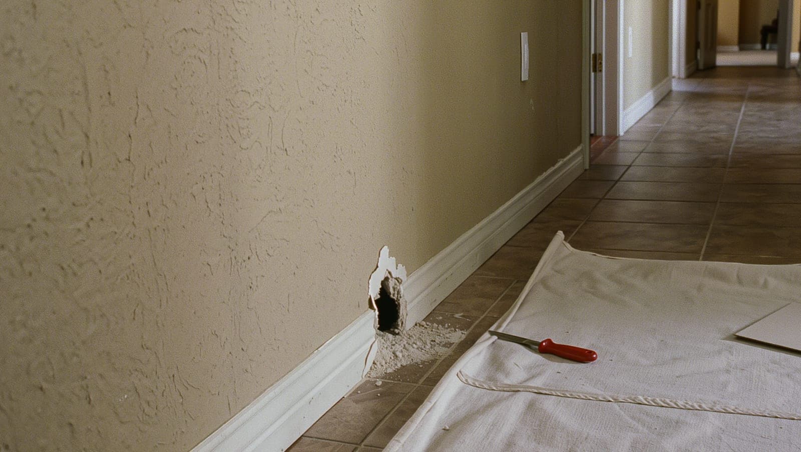 Doorknob-sized hole in drywall prepared for repair