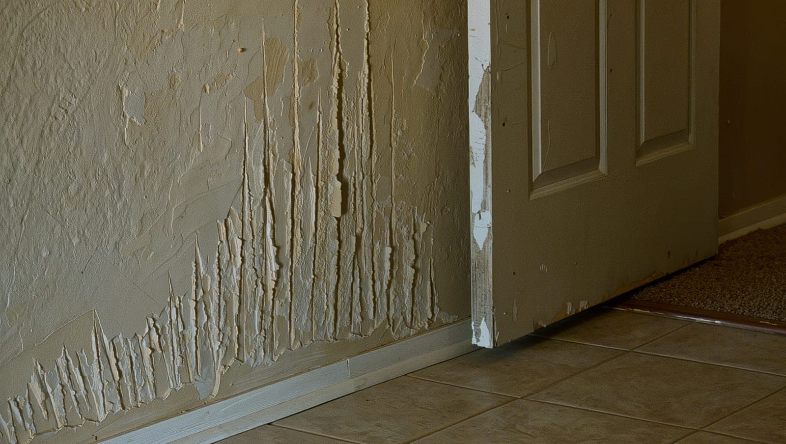 Scratched and gouged drywall near a door from pet damage