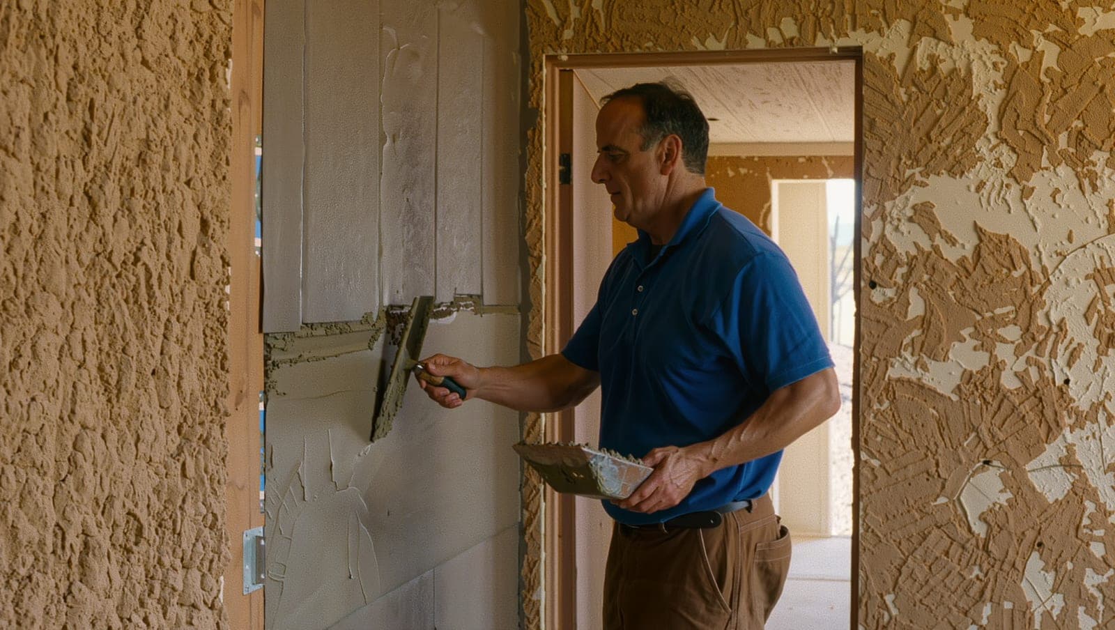 Interior wall repair where drywall meets a stucco surface