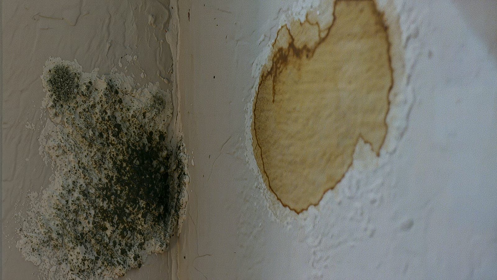 Close-up comparing black mold spotting and a tan water stain on drywall