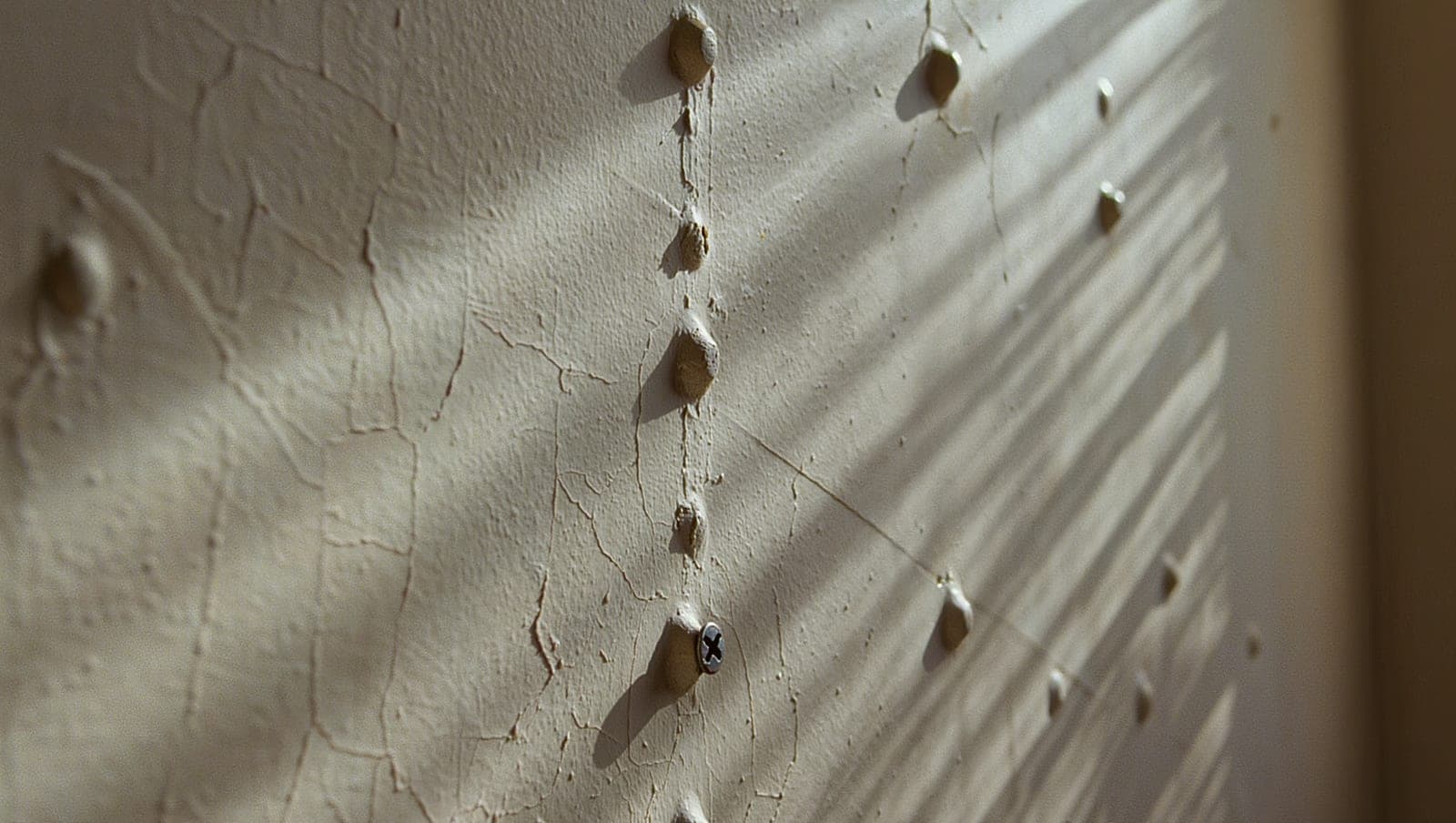 Row of nail pops bulging through painted drywall