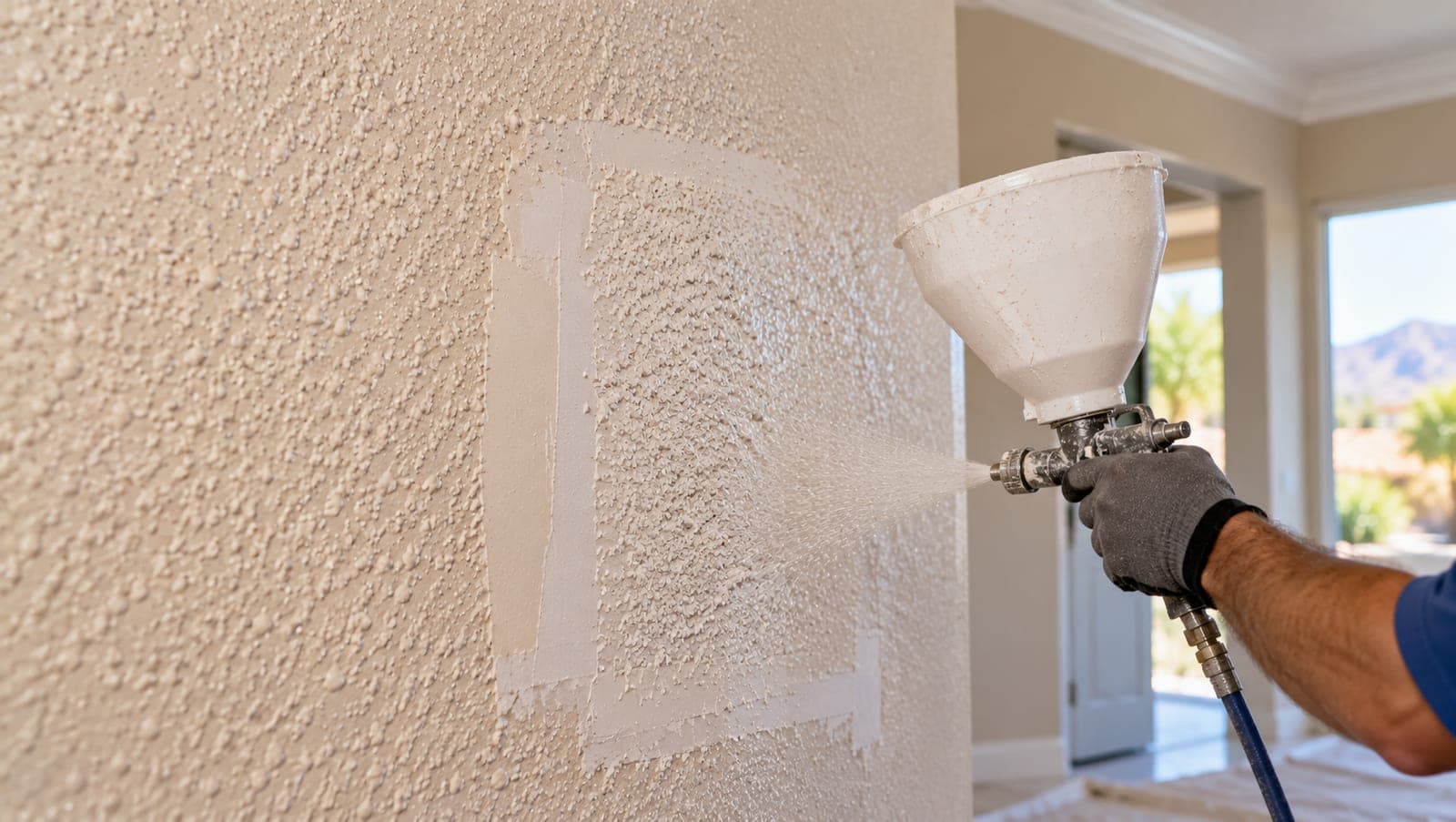 Hopper gun spraying orange peel texture over a patched wall section