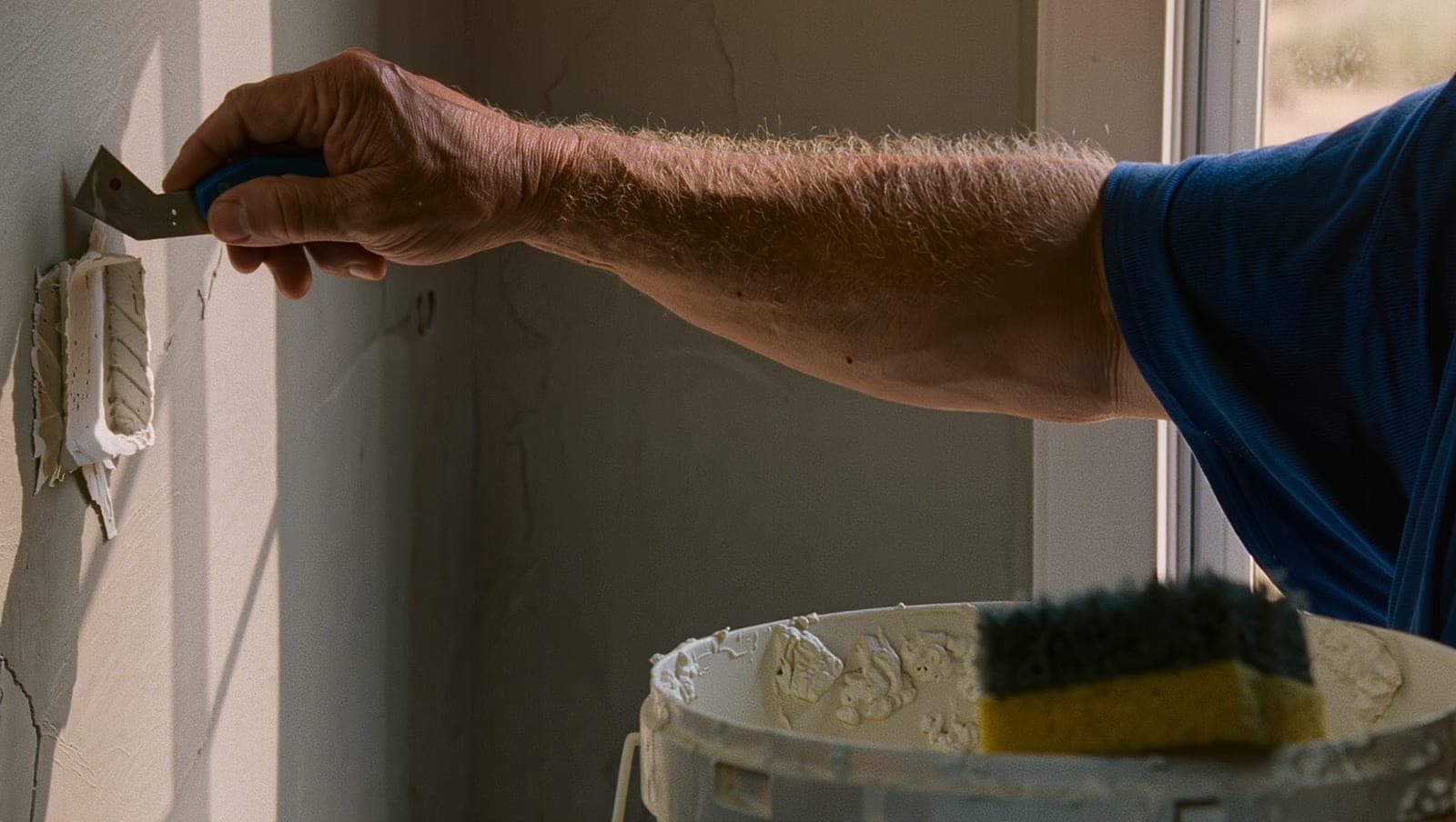 Drywall patch being feathered with joint compound
