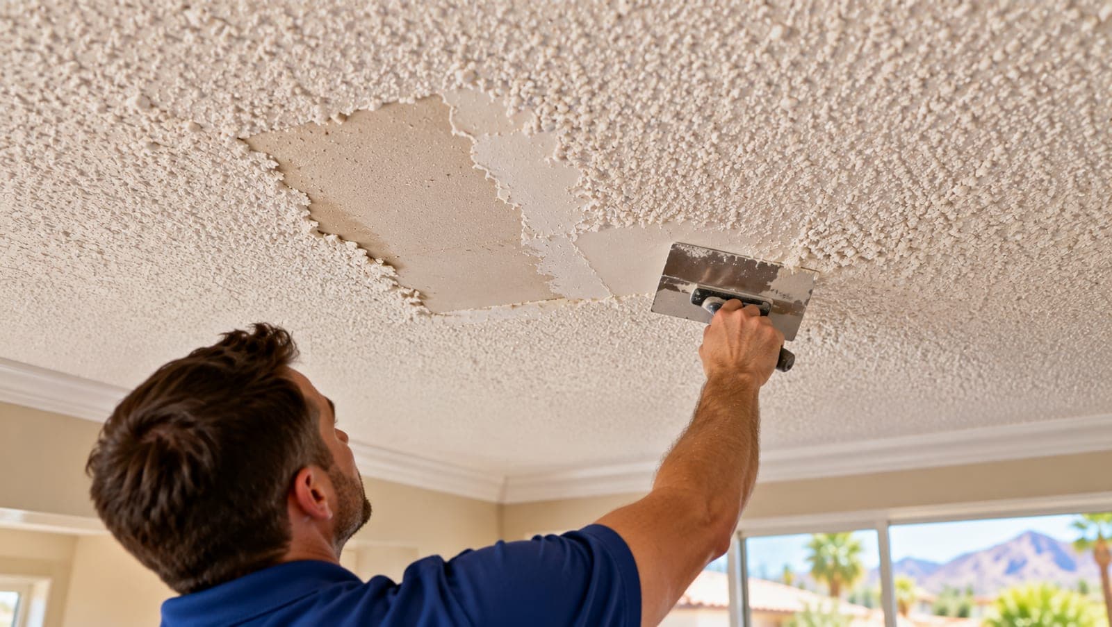 Popcorn ceiling texture being scraped back to a smooth patch