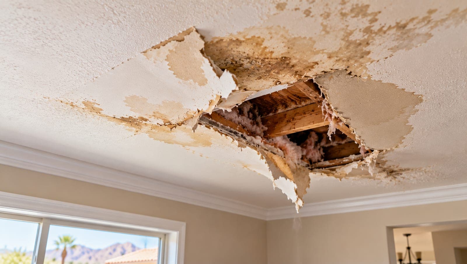Water-damaged ceiling drywall torn open, exposing joists and insulation