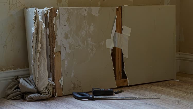 Damaged drywall section cut out beside a fresh patch