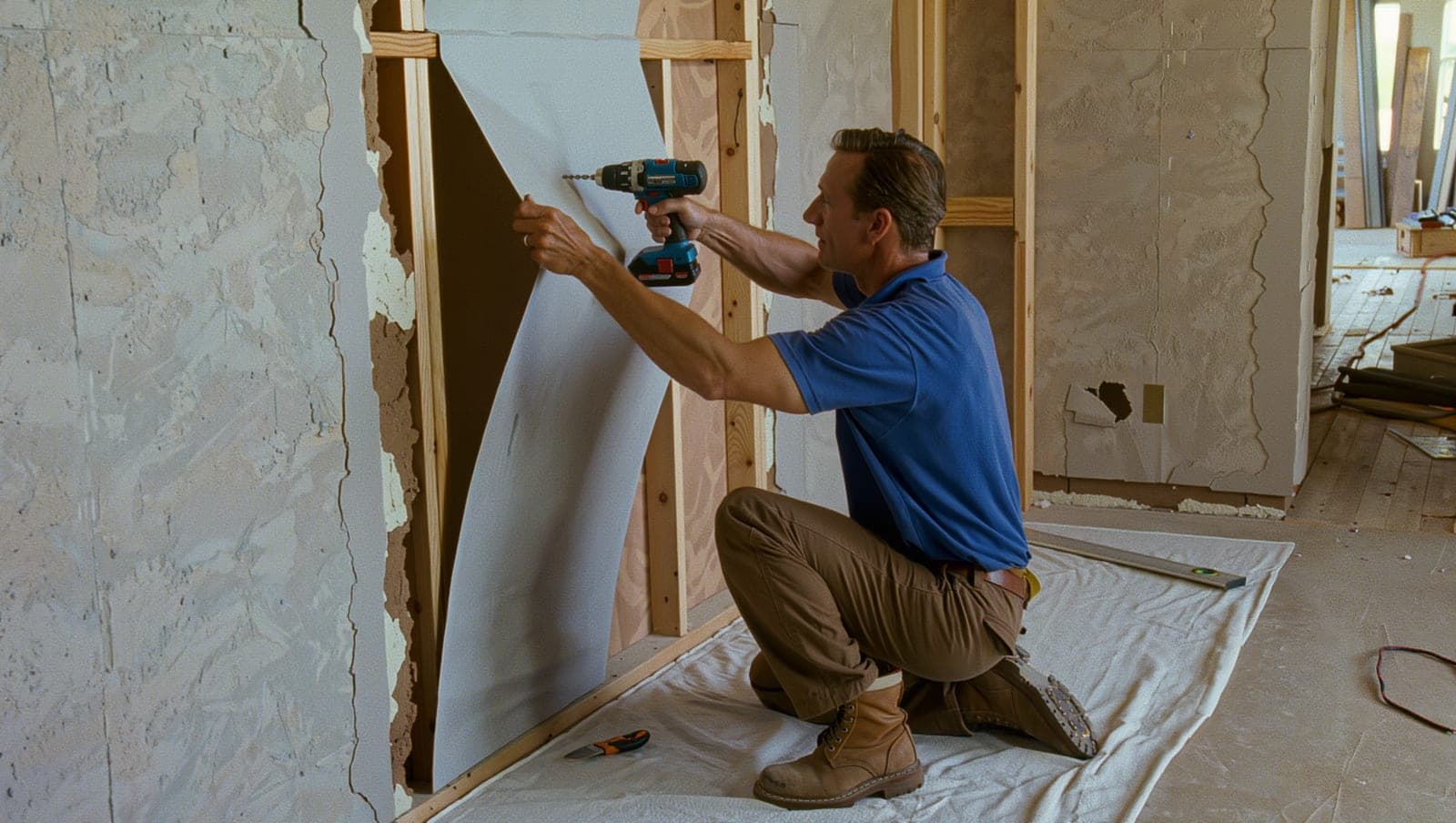 New drywall sheet being fitted into a cut-out wall section