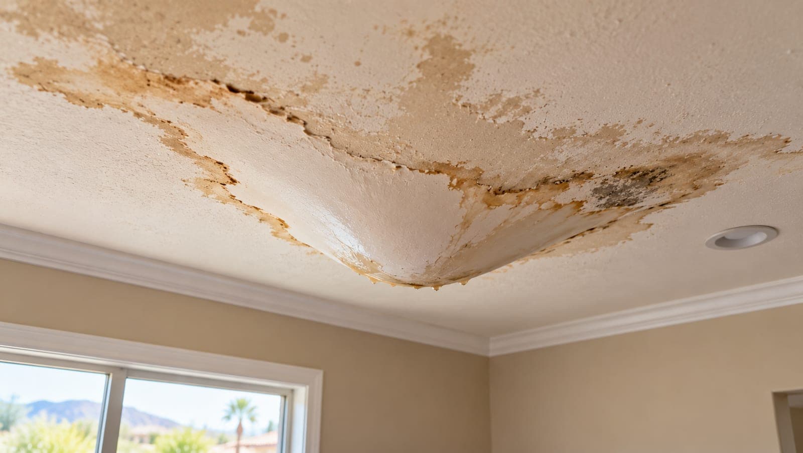 Water-logged ceiling drywall bulging downward and dripping