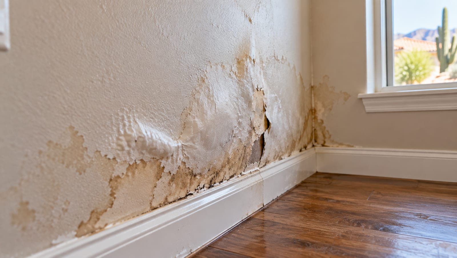 Water-softened drywall bubbling and peeling above a baseboard