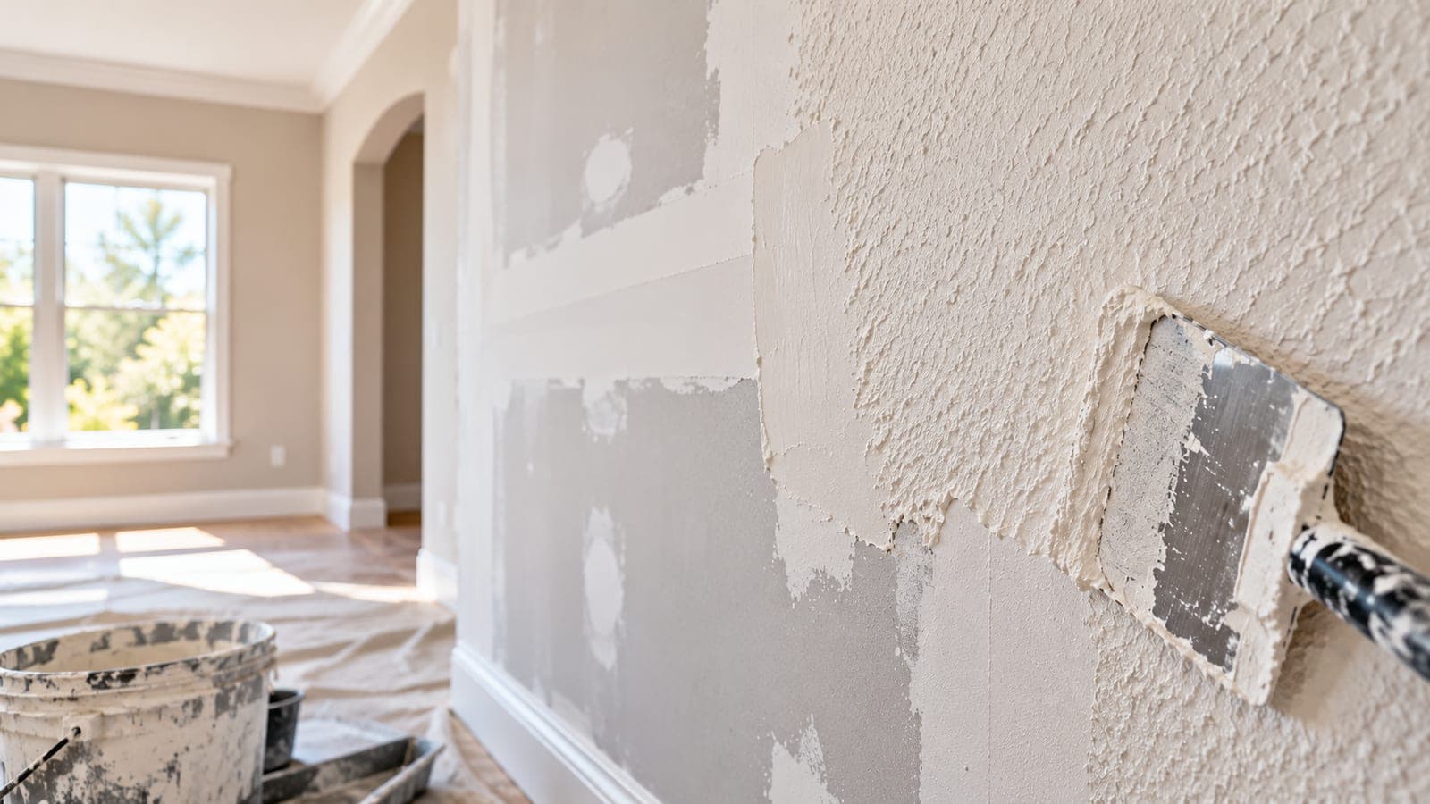 Knockdown texture being applied over a patched drywall wall