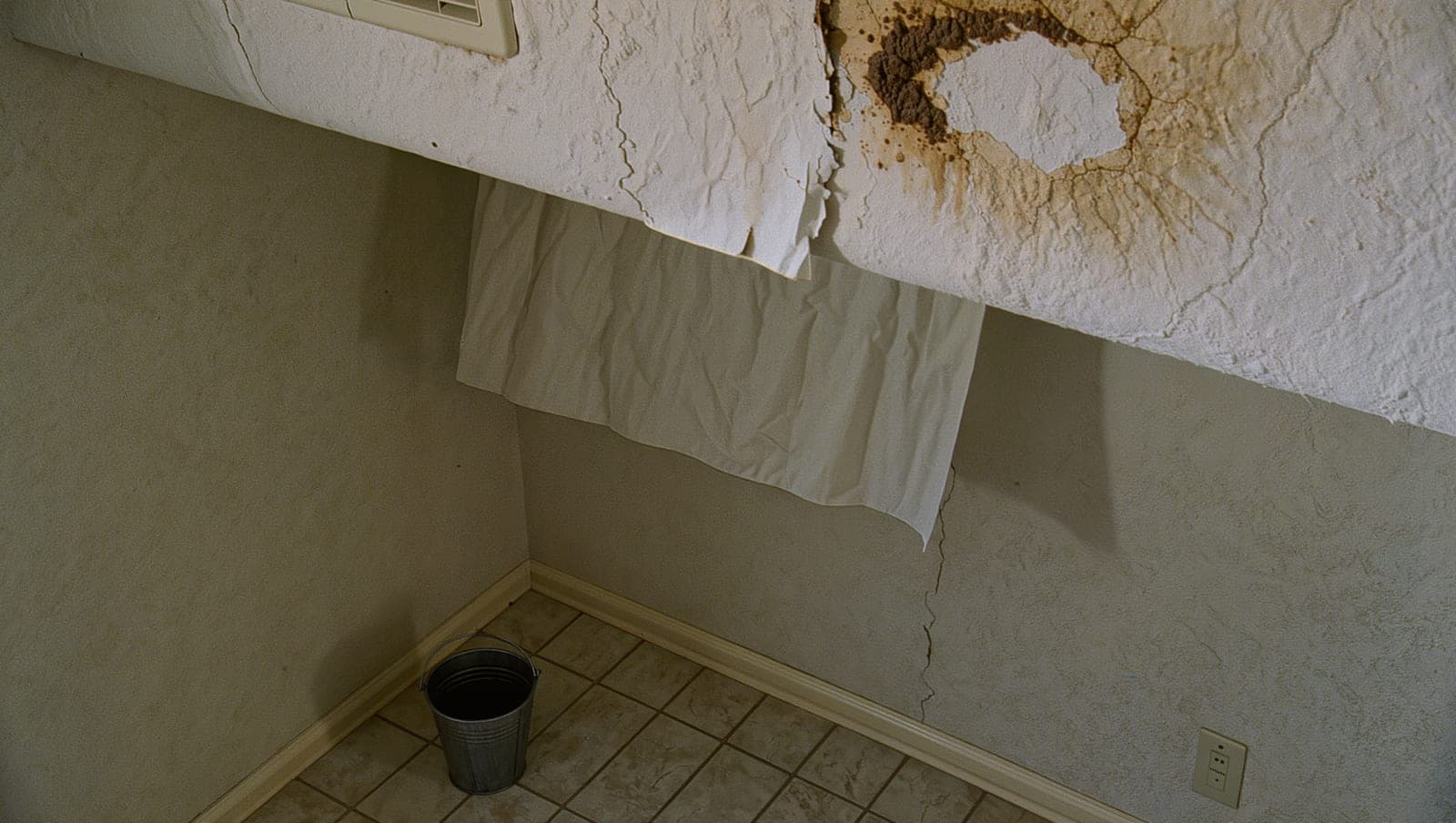 Water-stained and softened drywall below a ceiling leak
