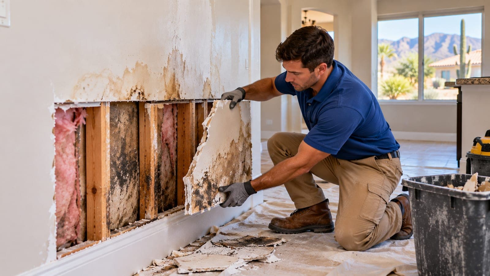 Handyman removing water-damaged, mold-stained drywall to expose the studs