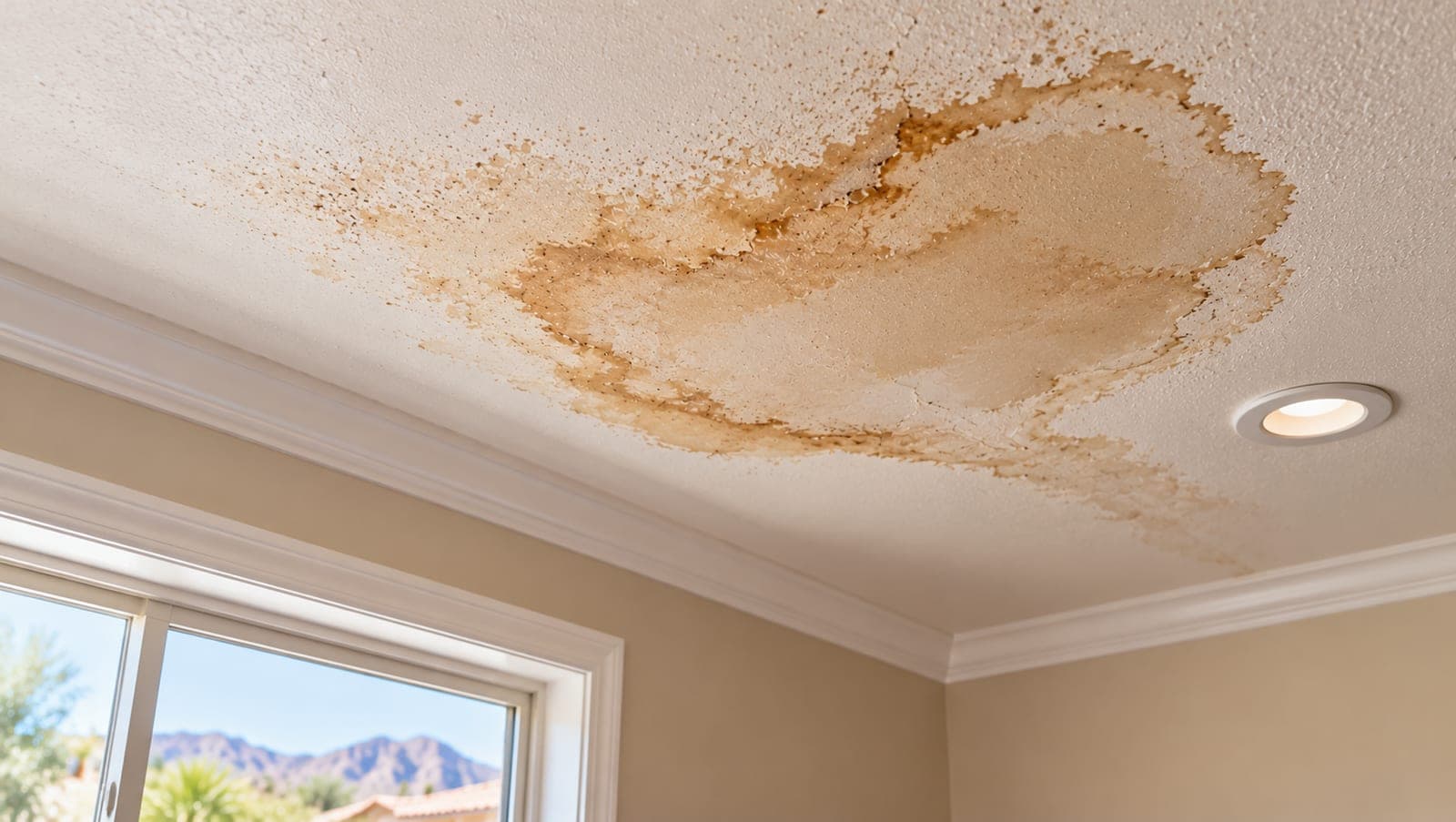 Brown water stain spreading across a textured white ceiling